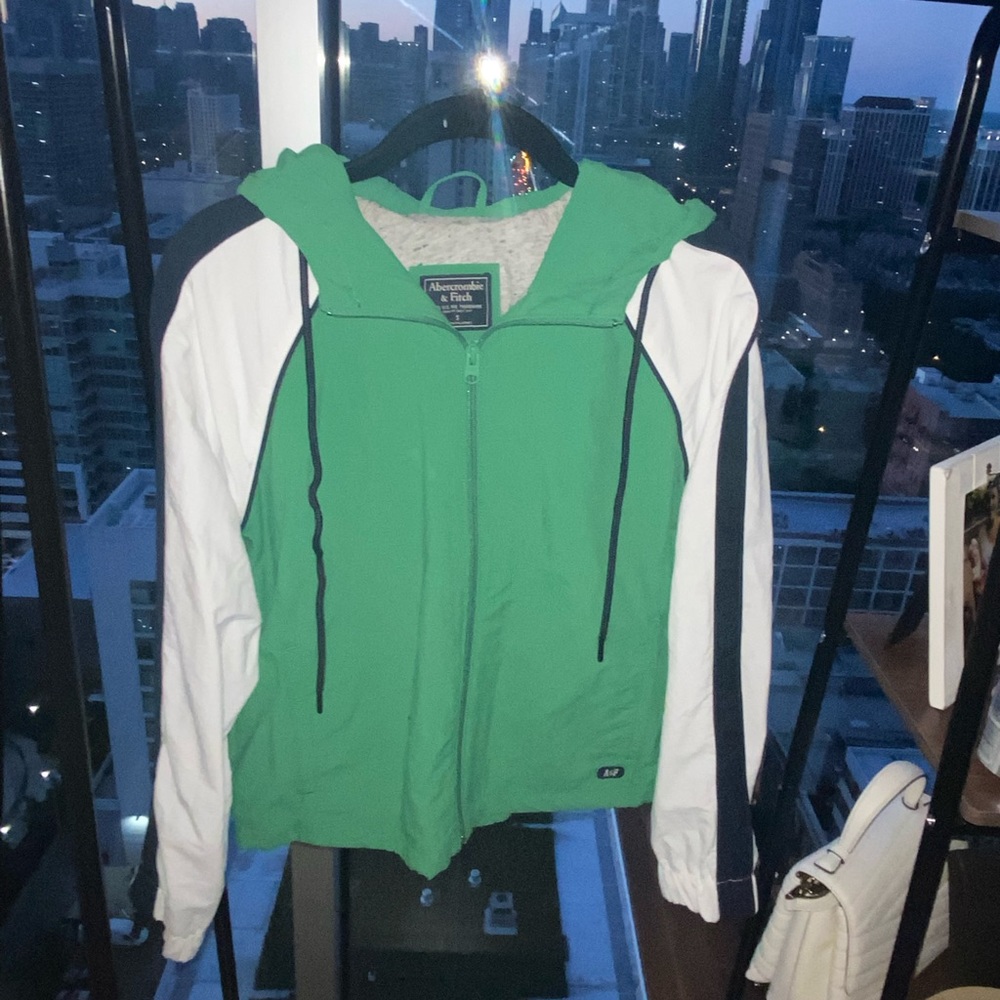 Green and white Abercrombie and fitchwind breaker